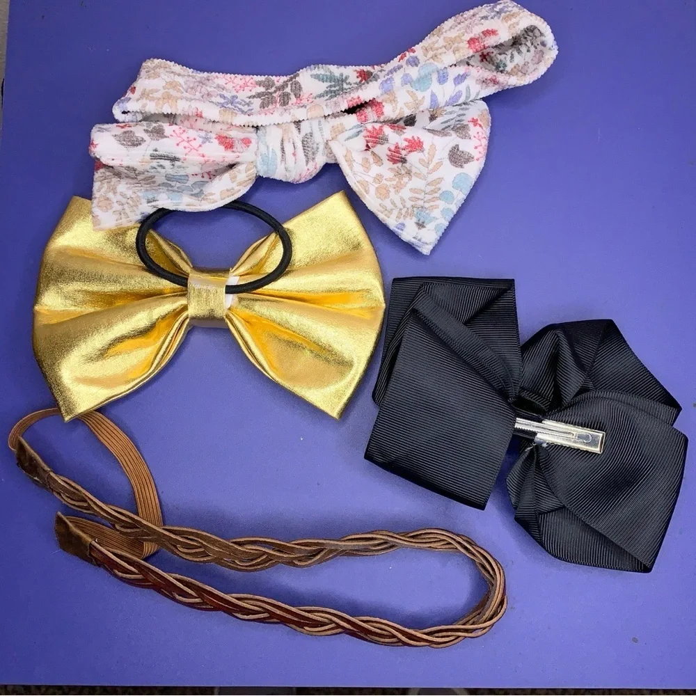 Lot Of 4 Hair Accessories Bows Headbands Gold Colorful Floral Faux Leather